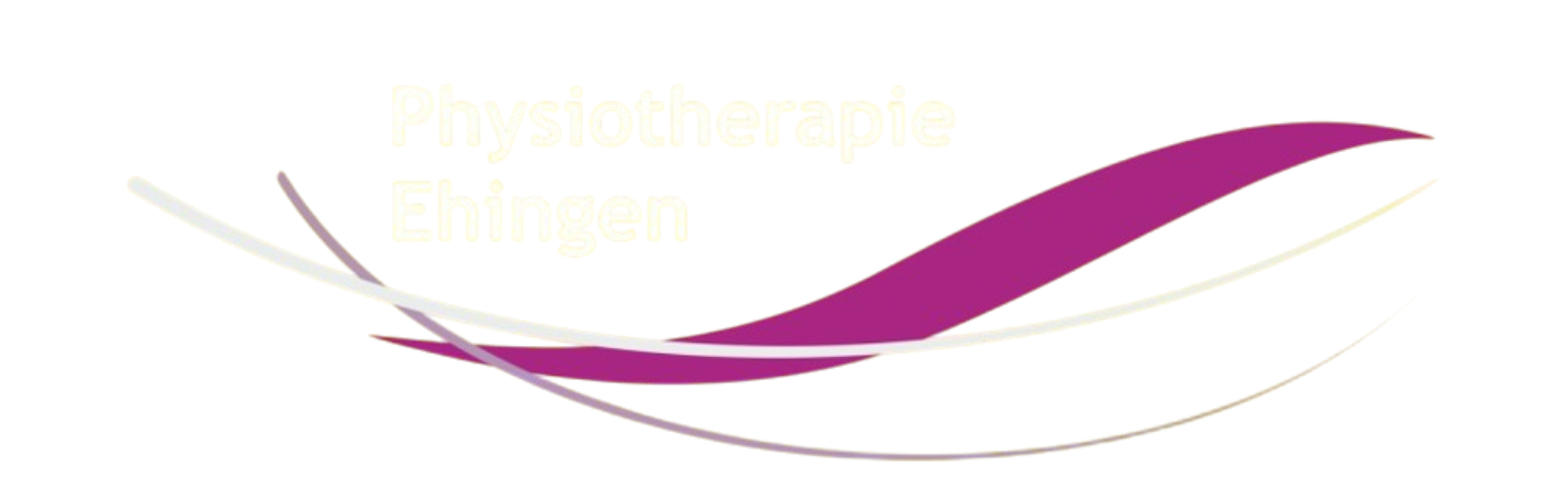 Drei geschwungene Linien in Violett, Hellgrau und Braun mit dem Text 'Physiotherapie Ehingen' in blassem Gelb darüber.